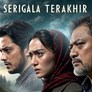 Advertisement for 'Serigala Terakhir' featuring detailed close-ups of various faces against a dramatic backdrop. Text overlays emphasize key points.