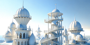 White illustration,  Wes Anderson style, 
 structural aesthetics, collage of many complex metal architectures, with lighthouse, the bigest ocean and huge sky, white, more clear background, gain paper