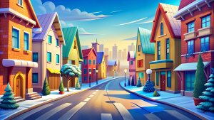 car on the road cartoon city street in winter colored houses road from left to right