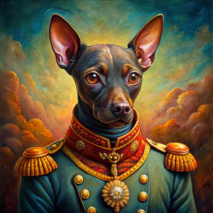 A dark brown xoloescuincle in a general's uniform is sitting