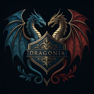 Logo design for Dragonia. Features metallic, detailed dragon motifs. Dark, dramatic color palette. Symmetrical layout.