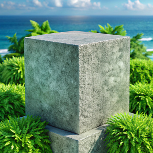 A closeup photo of an uncluttered, minimalist grey concrete cube podium placed on the right side with green leaves, overlooking the ocean and clear blue sky. The background features lush foliage with blurred details to create depth. 