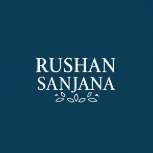 Elegant logo design for Rushan Sanjana. Features modern sans-serif font in white against dark blue background. Text reads 'Rushan Sanjana' in center. Minimalist color scheme.