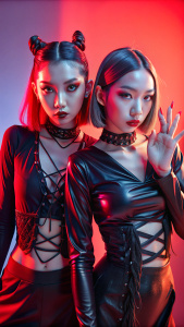 Rose blackpink and Jennie blackpink, black laced shirt, professional lighting, professional studio, professional hair, professional make up, looks at camera, long nails, black tights, beautiful legs, skinny face, red lights