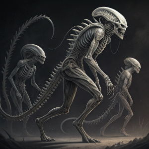 Concept art of Neomorphs from Alien Covenant. Various poses showcasing skeletal structure and long tails. Black and white illustration with dark background.