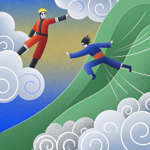 A dynamic manga-style illustration featuring Naruto characters in action poses. The scene is rendered in black and white, with intricate line art and shading to highlight motion and depth.