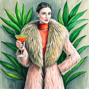 reimagine by adding a fur coat and a cocktail