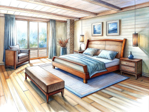 a sketch of a modern style
 bedroom in pencil