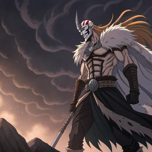 Vasto Lord, a fearsome character from the anime 'Bleach', depicted in a battle stance. Dark, ominous sky background.