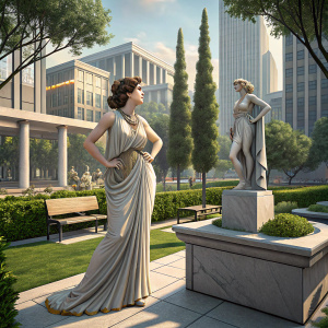 Megara, from Greek mythology, standing confidently in a modern city park. She wears a flowing gown and stands near a contemporary statue.