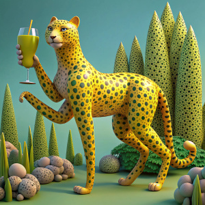 yellow cheetah stylized drawn picasco. there are trees around. cheetah is in a hurry  holding a glass 