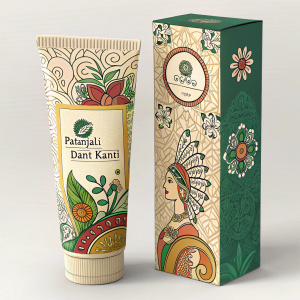 3D rendered packaging design for Patanjali Dant Kanti toothpaste. Box and tube formats. Traditional Indian motifs and green label with Patanjali logo. Herbal ingredients showcased