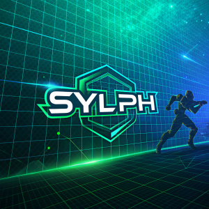 Digital art logo for SYLPH. Vibrant green and blue grid background, futuristic design