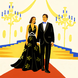 Keira Knightley and Benedict Cumberbatch attending the Met Gala. They are dressed in elegant attire with intricate designs. Keira in a black velvet gown, Benedict in a sleek tuxedo.
