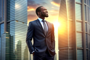 Happy wealthy rich successful black businessman standing in big city modern skyscrapers street on sunset thinking of successful vision, dreaming of new investment