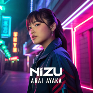 Digital art featuring Arai Ayaka, member of NiziU, against a neon-lit backdrop. Futuristic collage with NiziU logo