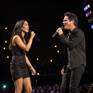 Olivia Munn and Pat Monahan on the stage. Flashing lights and audience visible. Black background