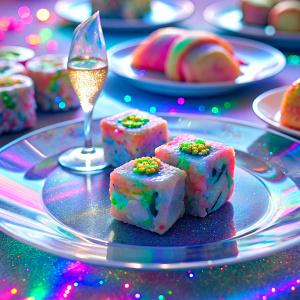 
 close too much glitter very sparkly crystal effect fantasized glam Sprinkle Tableware sushi on the table   Shimmering light pastel Bioluminescent fairytale masterpiece Magical Holographic  Glossy Bioluminescent iridescence  Shimmering Holographic   Foil Glossy Patent Spandex Vinyl