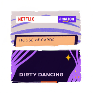 Webpage screenshot featuring streaming service banners. Shows 'House of Cards' from Netflix and 'Dirty Dancing' from Amazon. Background colors are predominantly gray with bright orange and red accents from the respective logos.