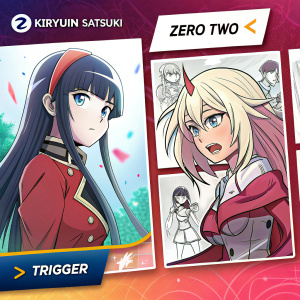 Digital artwork featuring Kiryuin Satsuki and Zero Two. Various panel layouts showing different art styles from loose sketches to detailed illustrations. Set against a vibrant background of 'Trigger' studio logos.
