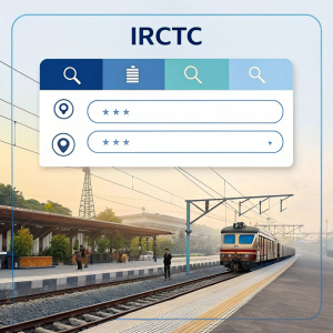 Screenshot of IRCTC's train ticket booking portal. Search bar and fields for departure and destination cities highlighted.