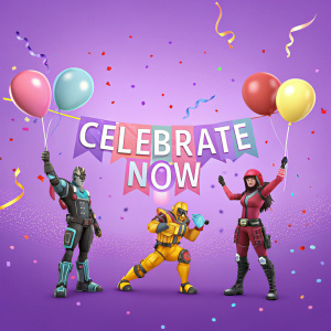 Characters from Fortnite and custom text 'Celebrate Now' printed on festive bunting, vibrant purple background