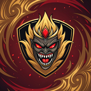 Logo design for Berserk. Features angry face with sharp teeth and glowing red eyes. Set against a dynamic background of swirling gold and crimson hues.