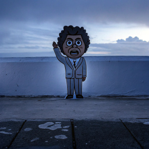 Cartoony illustration of Romário dos Santos Alves, intense facial expression, against plain white backdrop.