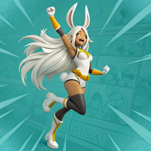 Miruko, a vibrant anime character from My Hero Academia. Dynamic pose with joyful expression. Long flowing white hair and a white outfit with yellow accents. Teal comic book background with dynamic lines. 3D rendered artwork.