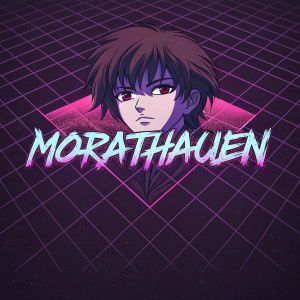 Digital artwork featuring a dark, grunge aesthetic inspired by Evangelion. Central image of an anime-style head with network-like mesh background. Prominent graffiti-style text 'Morathauen'. Dark color palette with purple and pink hues.