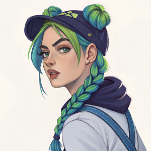 Digital art featuring Jolyne Cujoh from JoJo's Bizarre Adventure. Character wears blue and green braids, casual outfit. No background