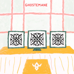 Promotional poster for Ghostemane. Edgy, dark, and minimalist design. Multiple screens displaying intricate patterns and text. Black and white color scheme.