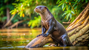 En la orilla del río Amazonas, una nutria gigante de río emerge sigilosamente del agua, su pelaje denso y oscuro brillando bajo la luz matutina filtrada entre los árboles. Con movimientos ágiles y precisos, la nutria escala con destreza el tronco inclinado de un árbol cercano, sus patas hábiles aferrándose a la corteza mientras sube hacia las ramas más altas. El contraste entre la robustez del animal y la delicadeza de su ascenso crea una imagen de gracia natural y adaptación perfecta al entorno