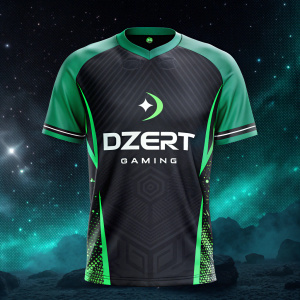 Digital artwork showcasing a gaming jersey for DZERT GAMING. Predominantly black and green with brand logo front and center. Dark cosmic background filled with stars and nebulae
