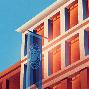 From a vantage point below, a wide-angle shot captures the Gianni Versace Spa building. The banner with its unique human face logo hangs prominently. Bright sunlight casts shadows across the stone facade and numerous windows.