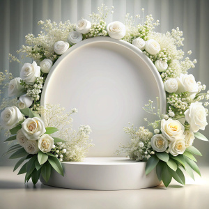 A round white flat ,short  stage adorned with an arrangement of white roses, baby's breath, and eucalyptus leaves, set against a soft, blurred background. The flowers cascade gracefully, creating a luxurious and serene display.photo realistic