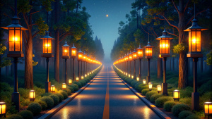 several lantern lights in the middle of the road and trees