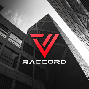A striking logo design featuring a bold red angular 'V' against a black backdrop. The brand name 'RACCORD' in sleek, sans-serif font. Dark background with abstract geometric shapes in the background.