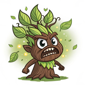 Cartoony illustration of a Mandragora-like being. Angry face, gnarled brown skin, glowing green leaves