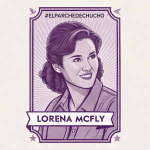 Lorena McFly, friendly face illustration in retro style. Purple hues, line art. Hashtag #ElParcheDeChucho at top