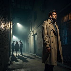 Promotional image for Turkish drama 'Sıfır Bir'. Dark alleyway setting, man in tan trench coat with group of shadowy figures in background