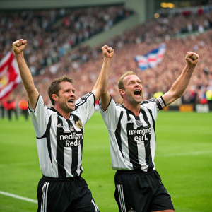 Michael Owen and Alan Shearer, celebrating victory on a vibrant green soccer field. Dressed in matching 'northern rock' jerseys, arms raised in joy. Background filled with cheering fans and fluttering flags.