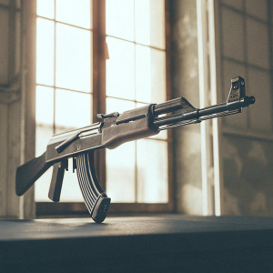Realistic 3D rendering of an AK-47 rifle on a sleek black background. Ready-to-fire stance, long barrel.