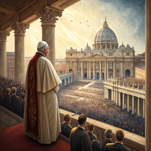 Pope Francis addressing the crowd from the balcony of St. Peter's Basilica. Dressed in traditional vestments, amidst a sea of Vatican officials.