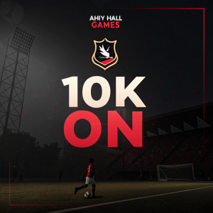 Digital graphic design for Ahly Hall Games Twitter competition. Dark background, bold typography. Arabic script and Twitter logo prominently displayed. '10K ON TWITTER' in large, vibrant font. Sporty and modern aesthetic with a sleek, limited color palette.