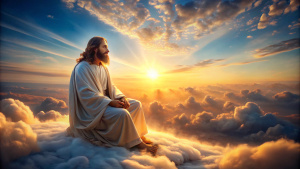 
Jesus Christ sitting on the clouds in a beautiful landscape illuminated by sunlight.