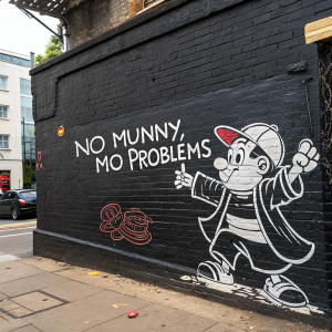 A chalk drawing on a dark brick wall, featuring a cartoon figure with graffiti text 'No Munny, Mo Problems'. Part of Red Bull Curates urban art series, vibrant in monochrome