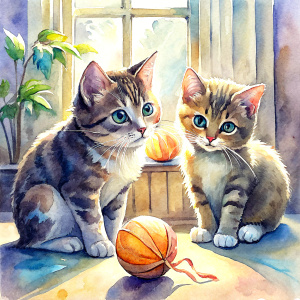 Watercolor painting, Two baby cats play with a ball of wool yarn in a room with white walls and a very bright window.