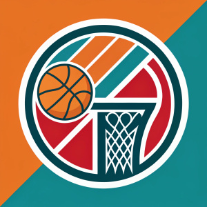 New Detroit Pistons logo design. Bold and modern. Basketball hoop and court elements incorporated into the logo. Vibrant color palette includes orange, teal, and red.