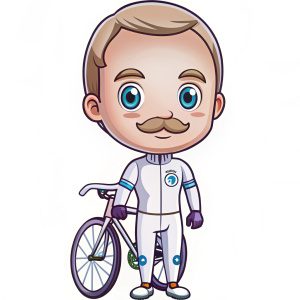 A cute and kawaii anime-style drawing of Valtteri Bottas in his Alfa Romeo racing suit with a moustache, standing next to a sleek racing bicycle, smiling with determination. The bike represents his love for cycling and staying fit. He is positioned on a small circular base, with a sporty and energetic vibe that aligns with the other characters.